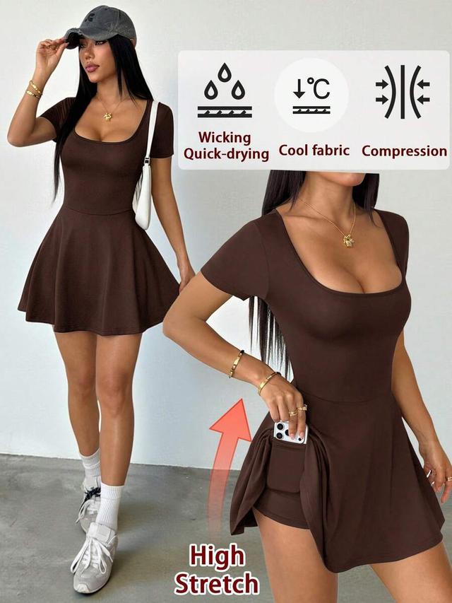 brown scoop neck short sleeve skort dress