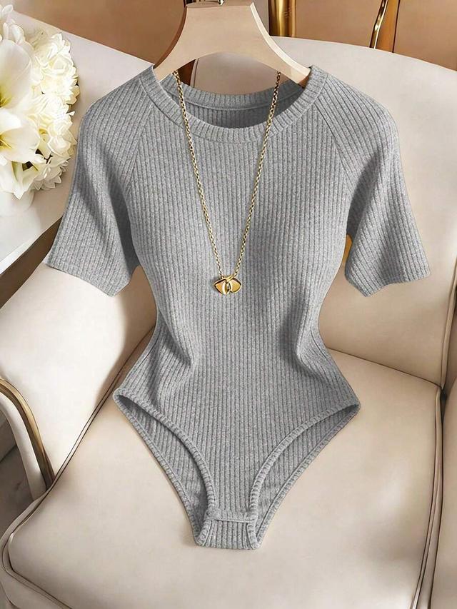 franclia elegant gray ribbed knit short sleeve bodysuit