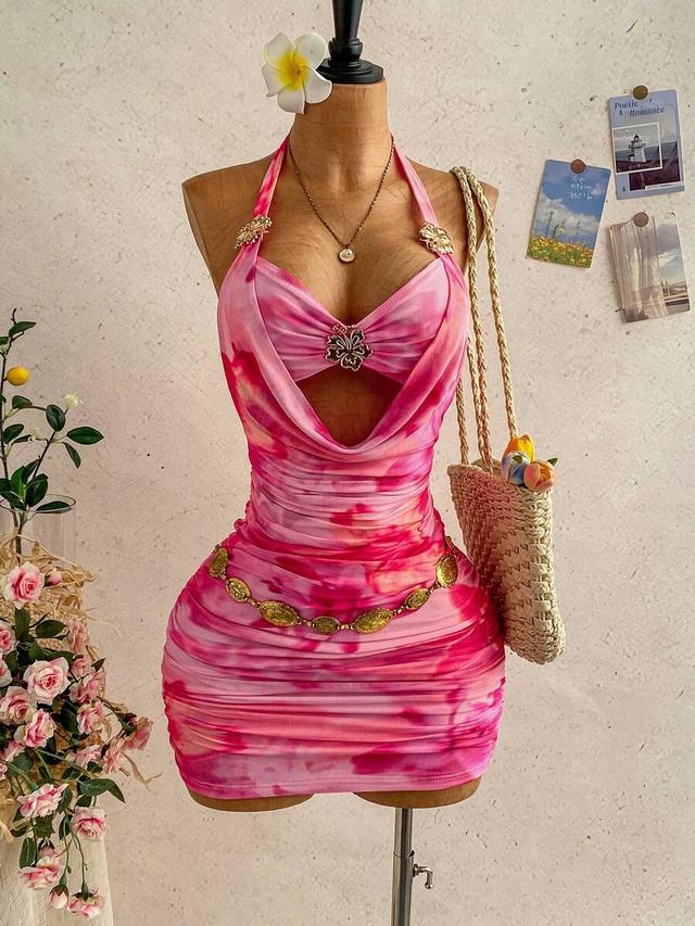 light pink metallic floral halter bodycon mini dress