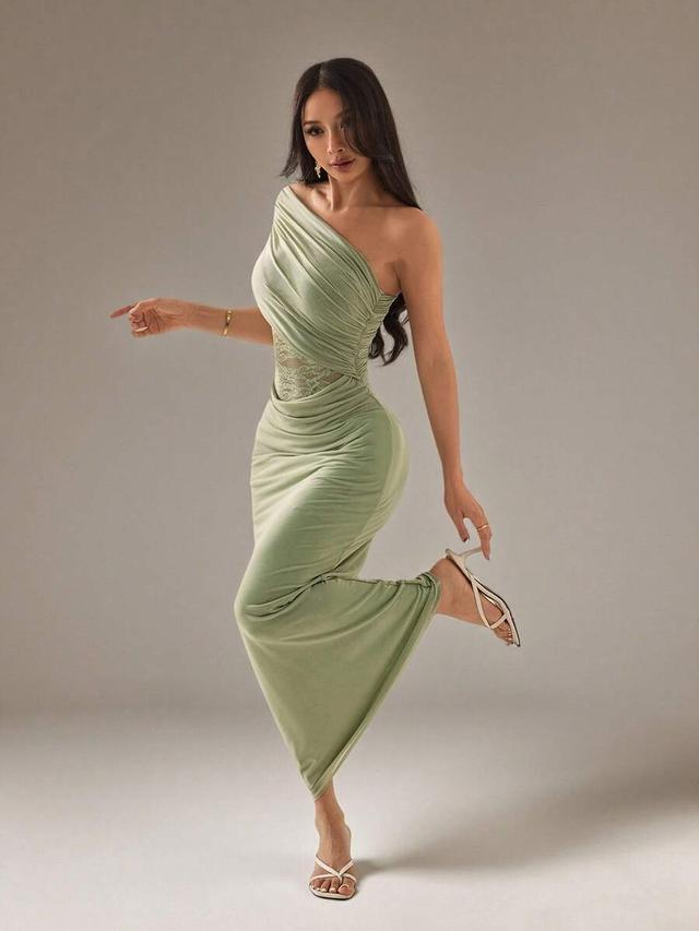 sage green one-shoulder draped midi dress with lace