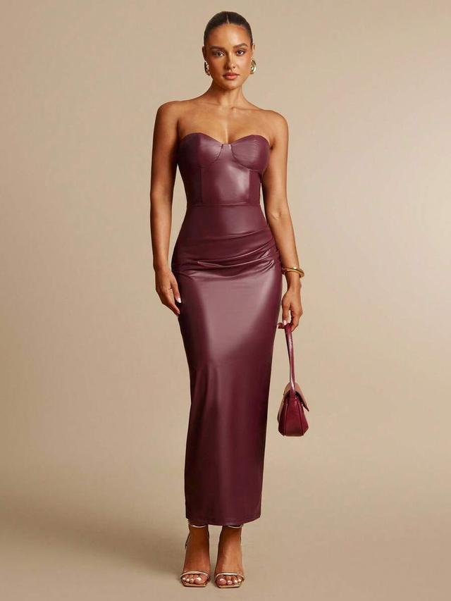 burgundy strapless faux leather slim fit midi dress