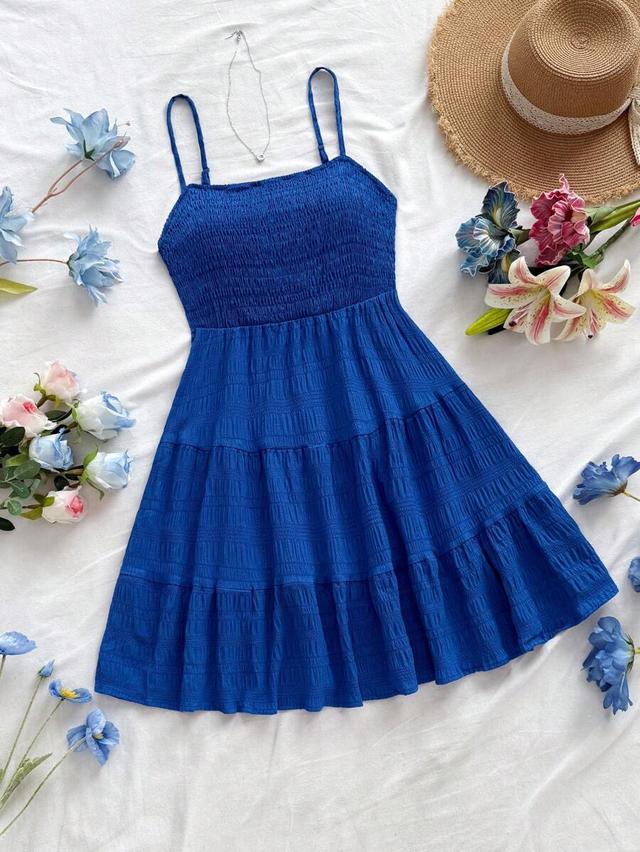 solid blue smocked ruffle hem cami dress