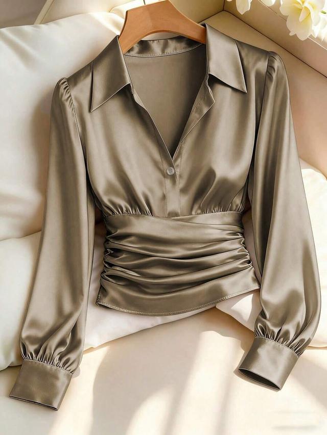 olive green satin pleated button long sleeve blouse