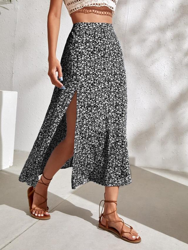 ditsy floral print split thigh midi skirt