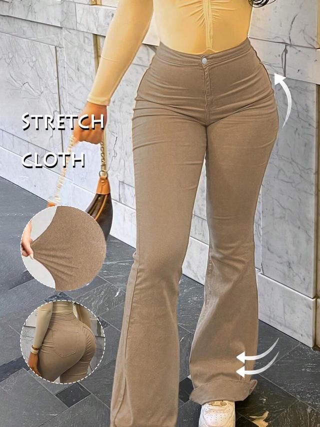 khaki high waist flare stretch denim pants