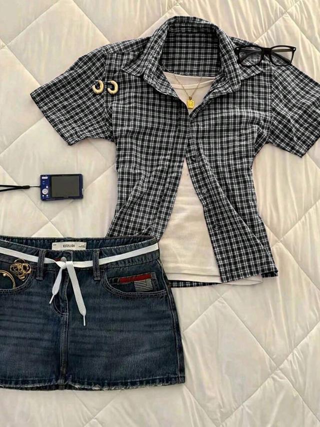 islasuriya women's plaid versatile single-breasted woven short sleeve shirt