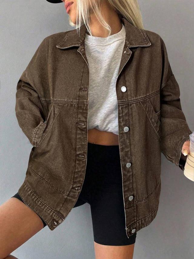 brown oversized denim button-up jacket