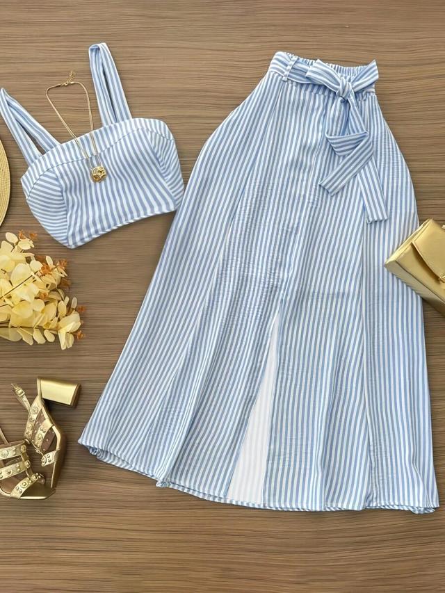 women's elegant blue and white striped 2-piece set
