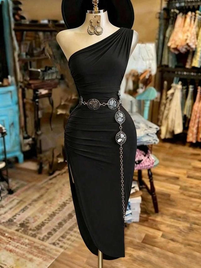 nostanoir women's solid color pleated elegant waist cinched party dress