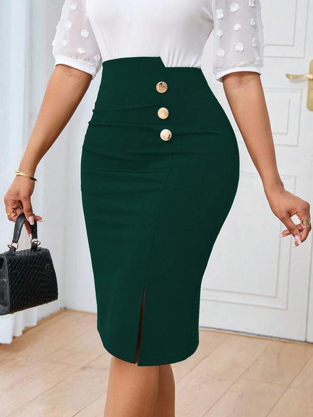 solid dark green high-waisted fitted pencil skirt