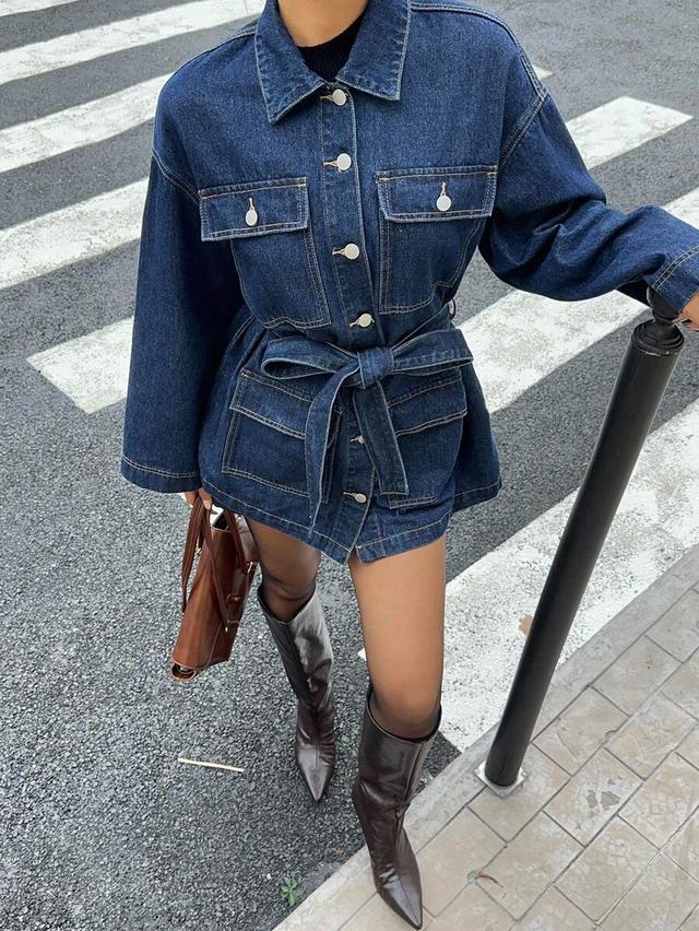 dark wash denim belted jacket