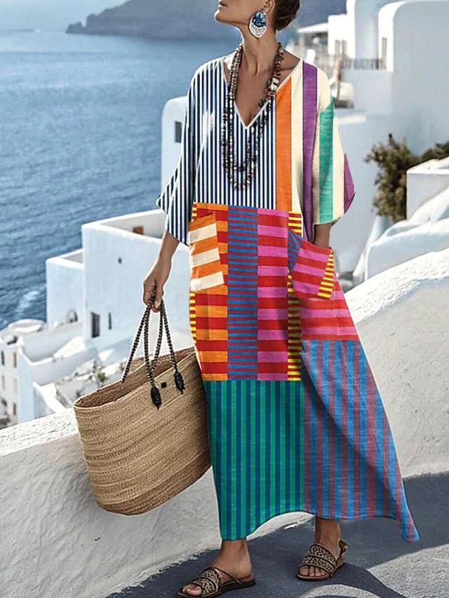 women's contrast striped v-neck loose casual vacation dress