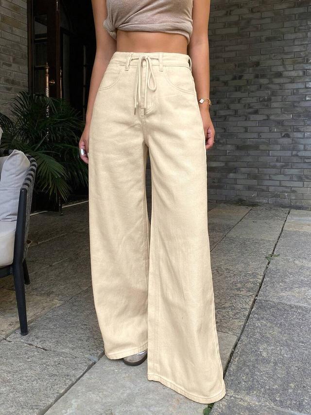 livesso women's casual solid color drawstring waist wide leg jeans