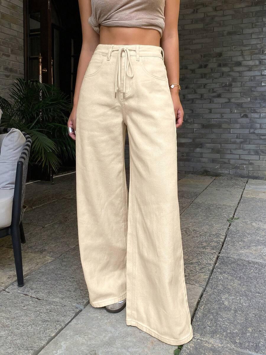 livesso women's casual solid color drawstring waist wide leg jeans