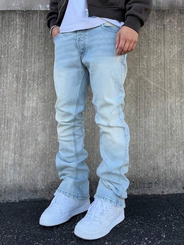 men's vintage washed light blue elastic casual jeans
