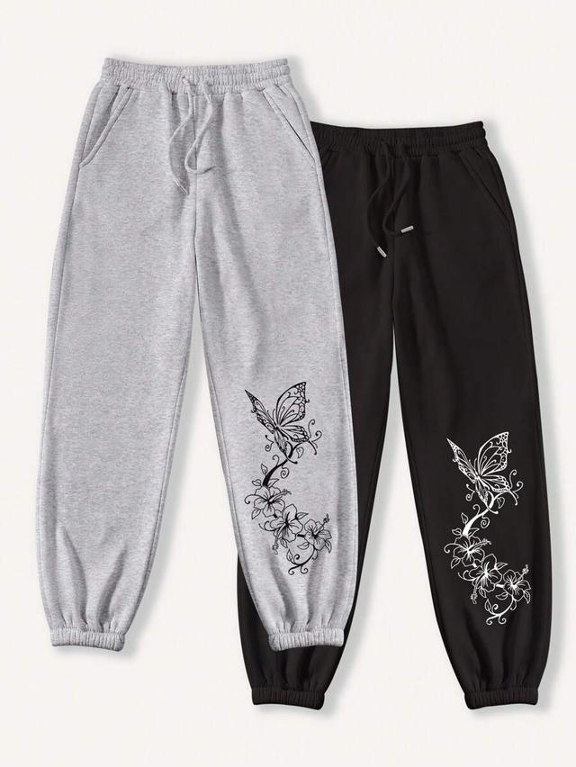 grey butterfly print fleece sweatpants set