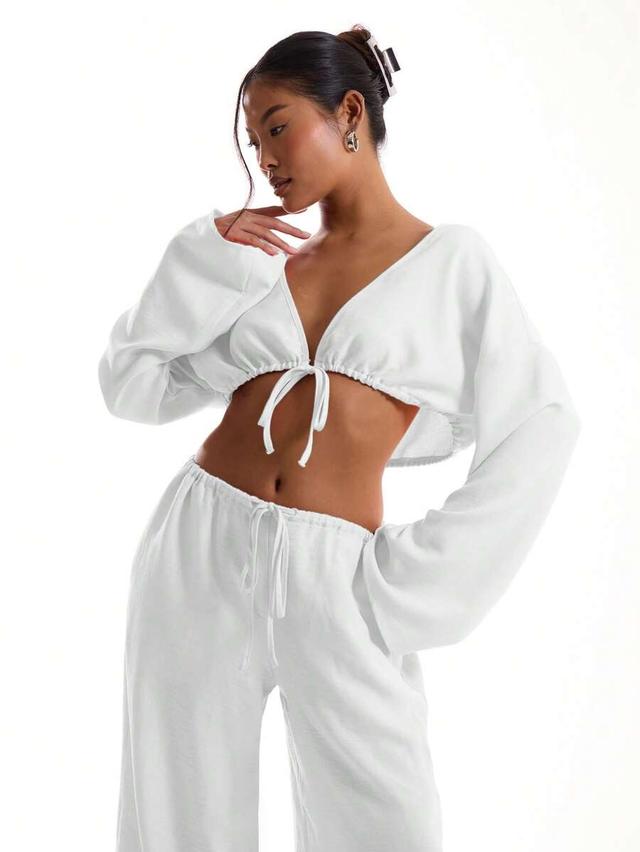 white linen feel tie front wide sleeve crop top