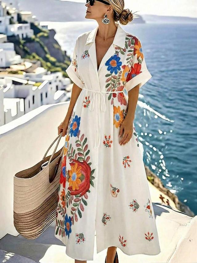 white floral embroidered batwing sleeve shirt dress