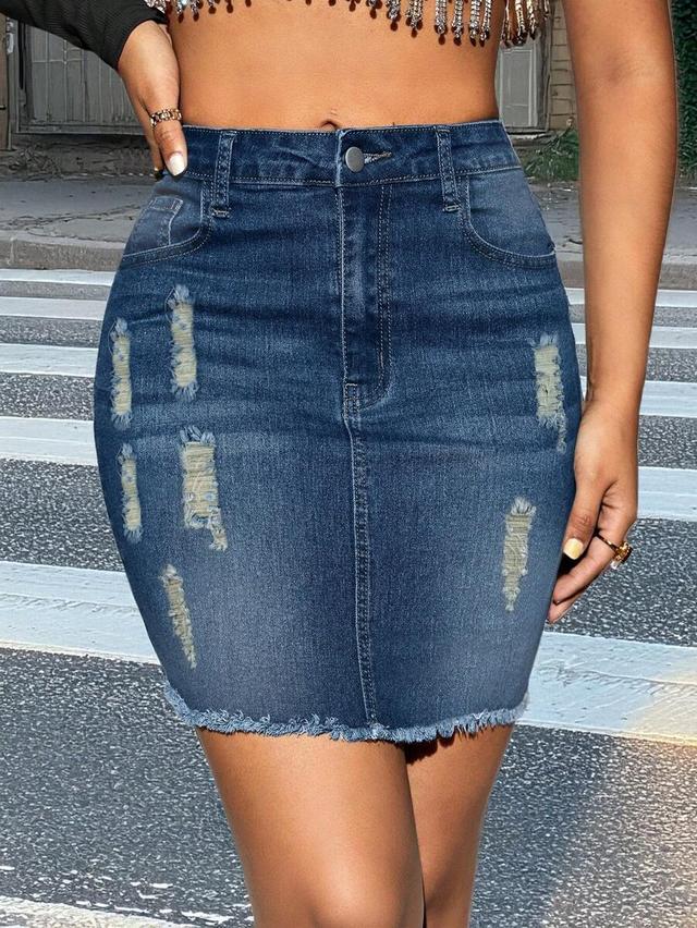ladies high waisted torn fringe edge denim skirt