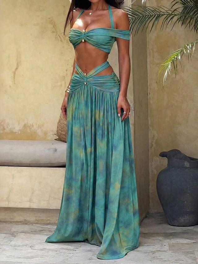 women's elegant tie-dye ruched halter maxi dress set