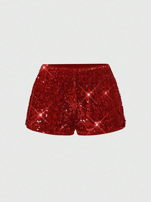 red sequin glitter low waist mini shorts