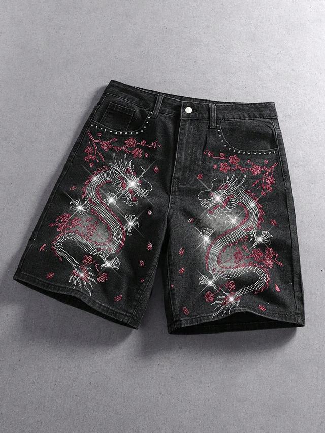 black denim shorts with dragon rhinestone embellishment