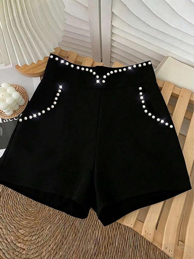 black pearl loose fashion shorts with rhinestone pearl trim