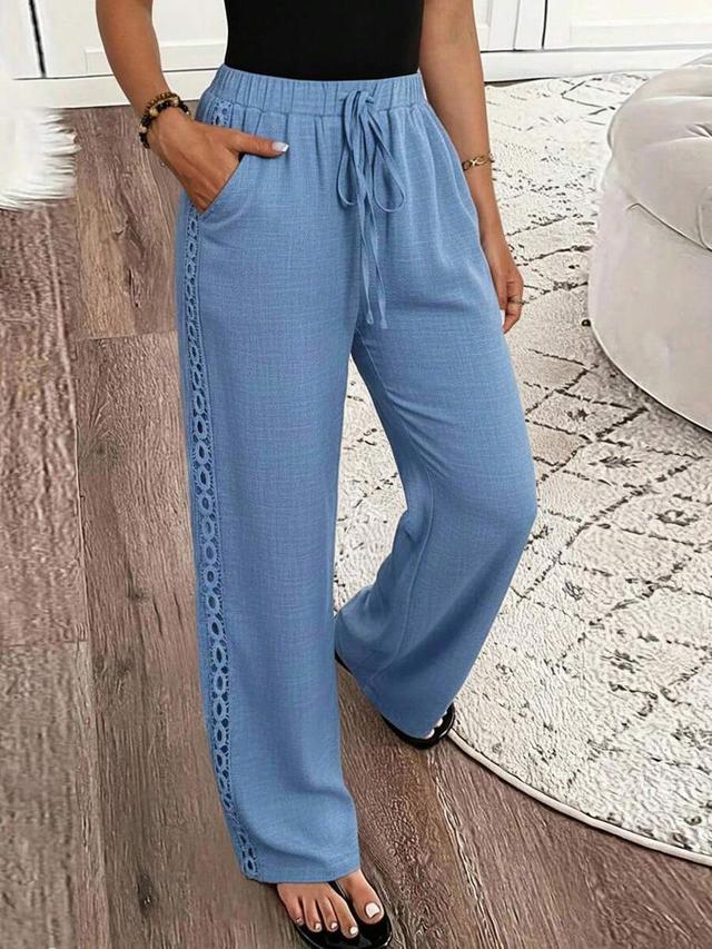 denim effect linen blend side lace insert long pants