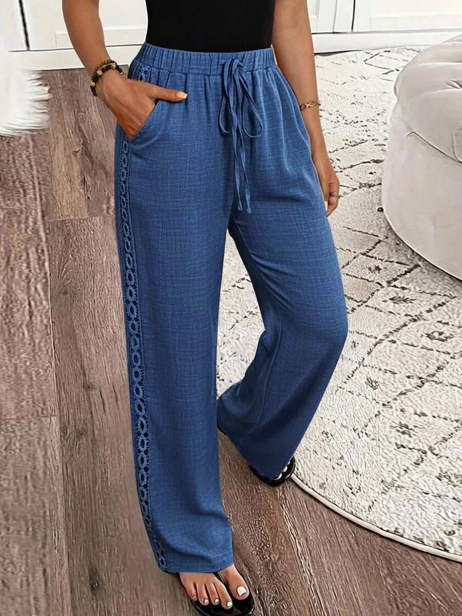 casual solid color denim effect linen straight pants