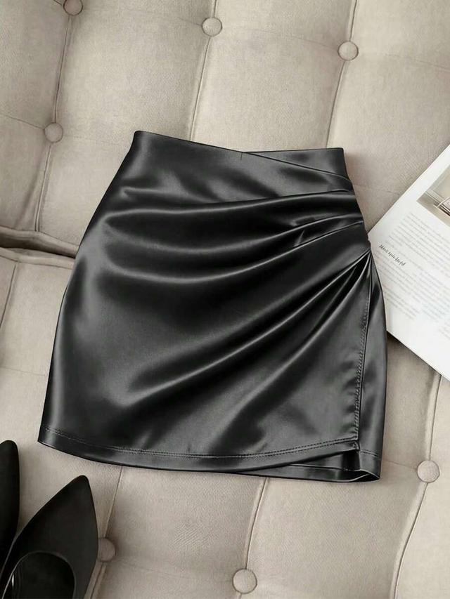 black glossy faux leather asymmetrical pleated bodycon skirt