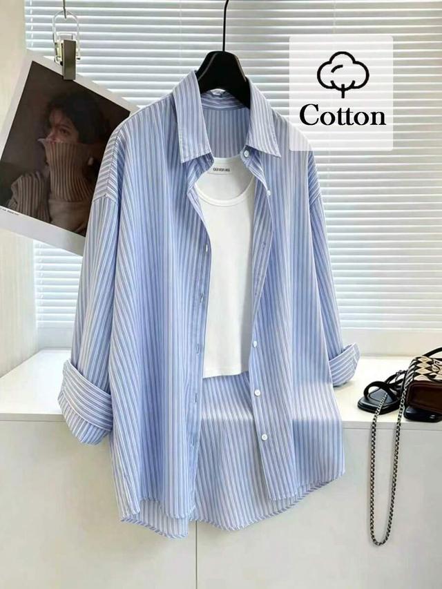 franclia women's blue and white striped single-breasted shirt