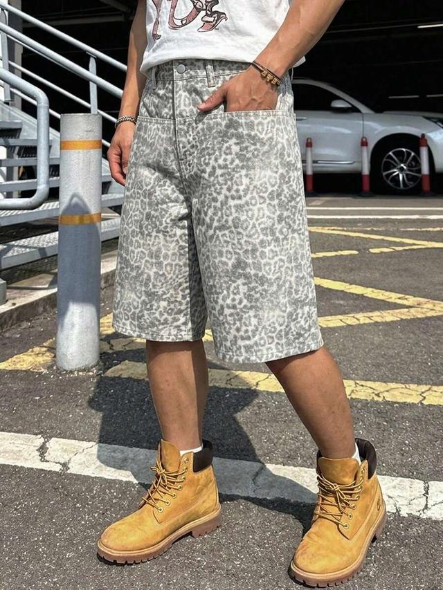 leopard print loose fit denim shorts
