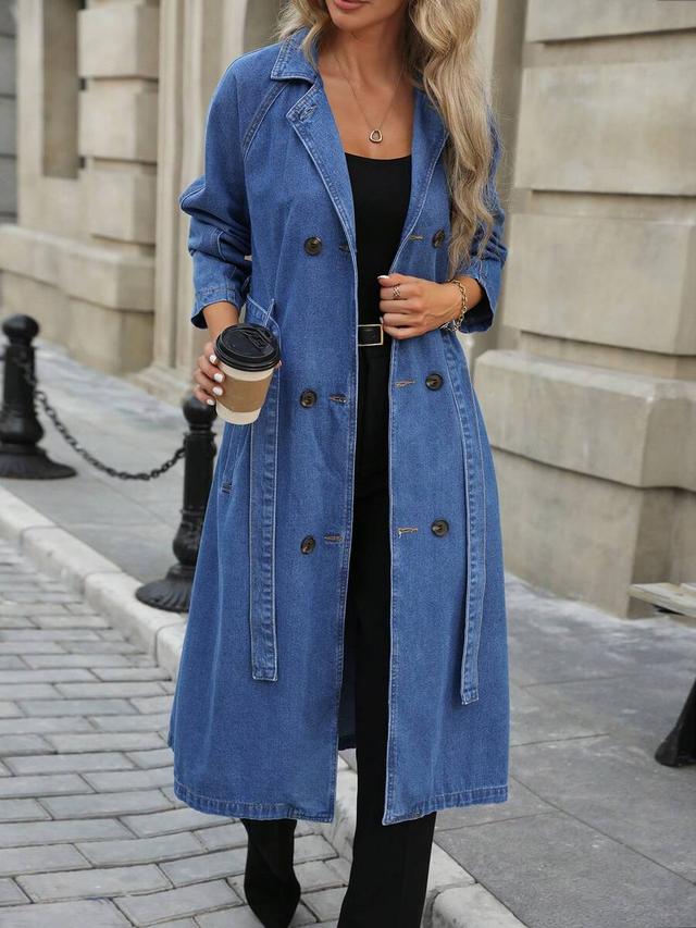 women's long blue denim trench coat with dolman sleeves