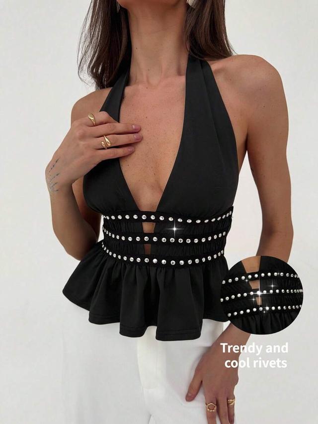 black halter top with studded waist detail
