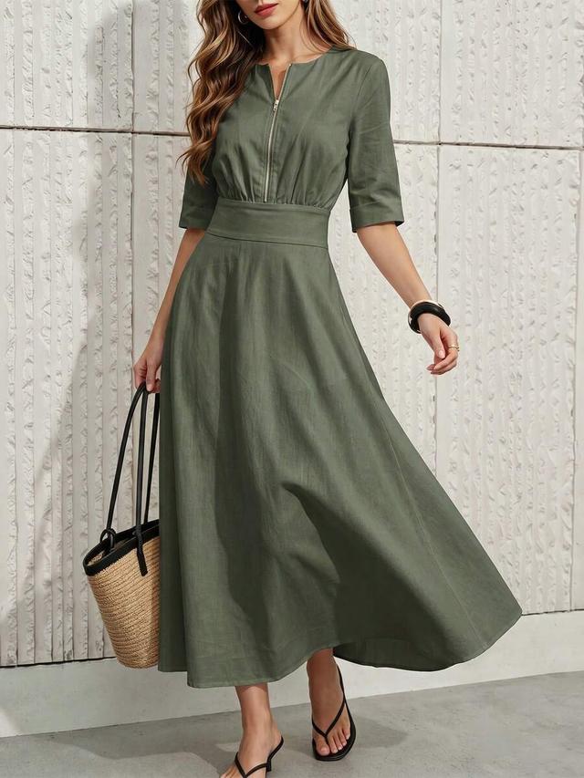 olive green front zipper belted midi dress
