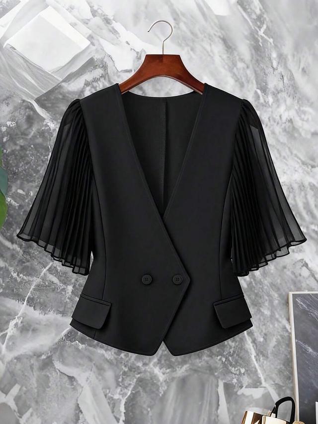 elegant black pleated short sleeve blouse