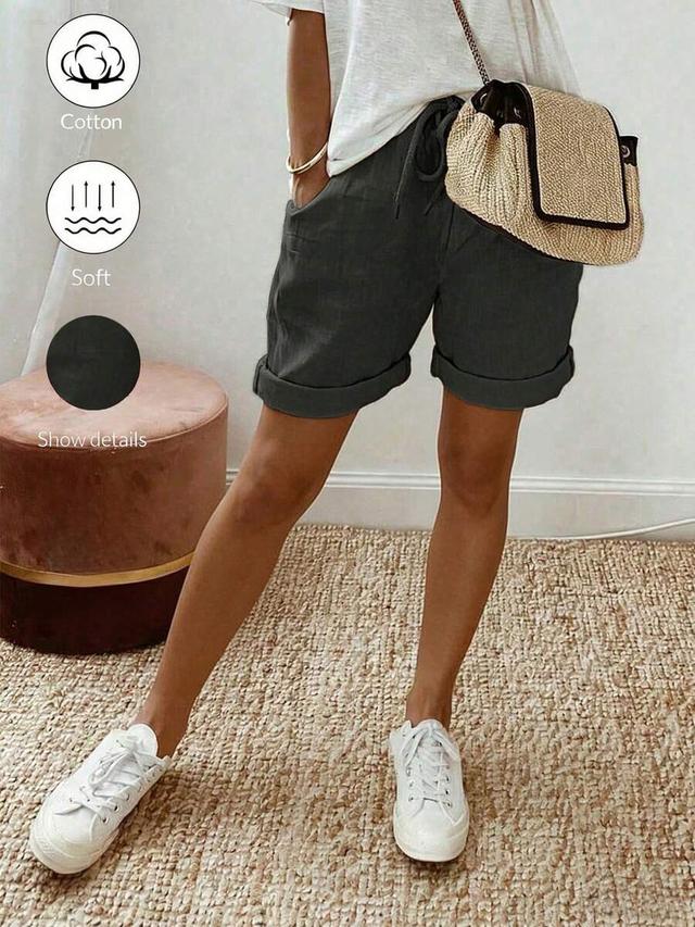 black casual linen blend drawstring shorts with rolled hem