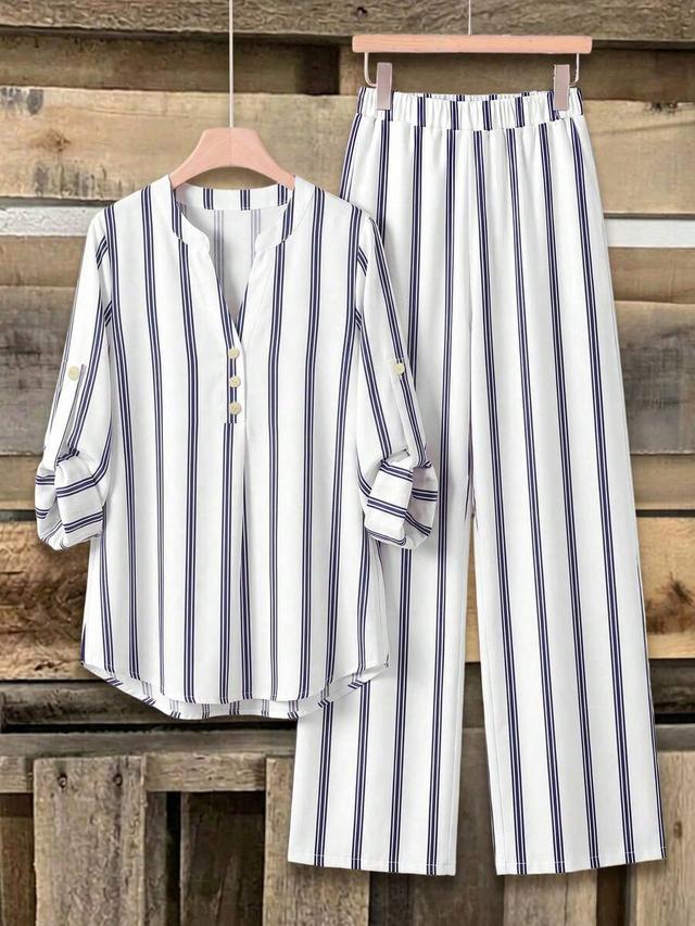navy blue and white striped notch neck shirt
