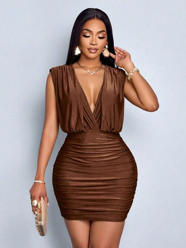 brown sleeveless deep v-neck ruched bodycon dress