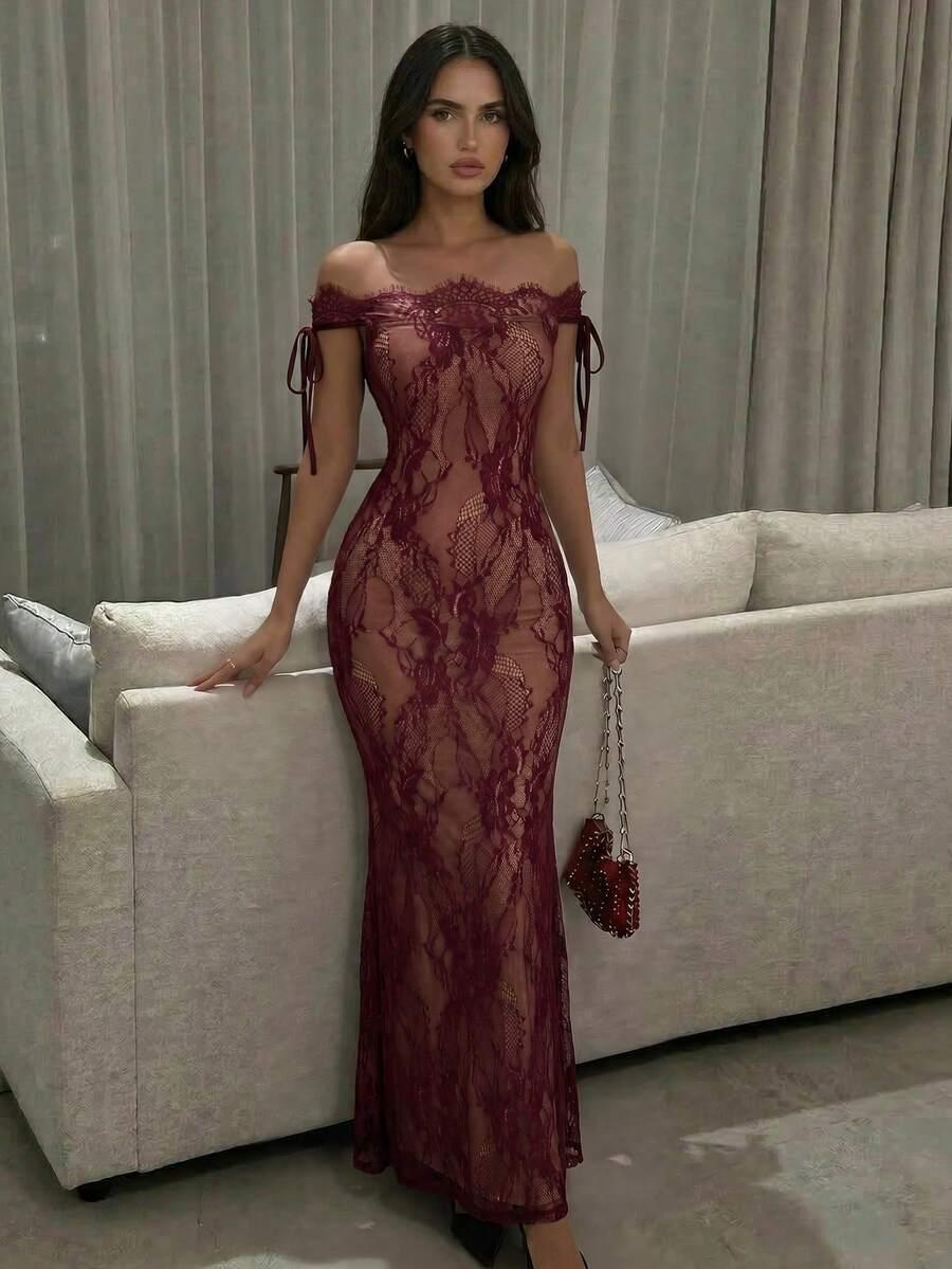 burgundy lace off-shoulder floor-length bodycon gown