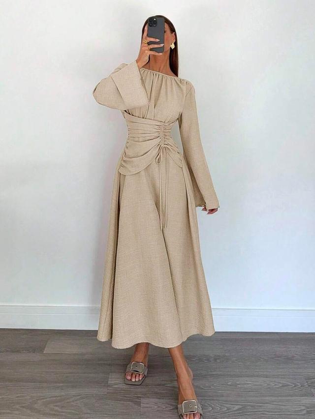 siren gaze beige brown round neck bell sleeve dress