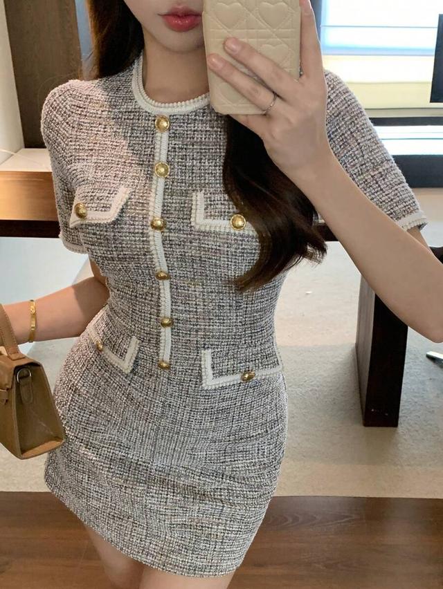women's plaid tweed mini dress with gold buttons