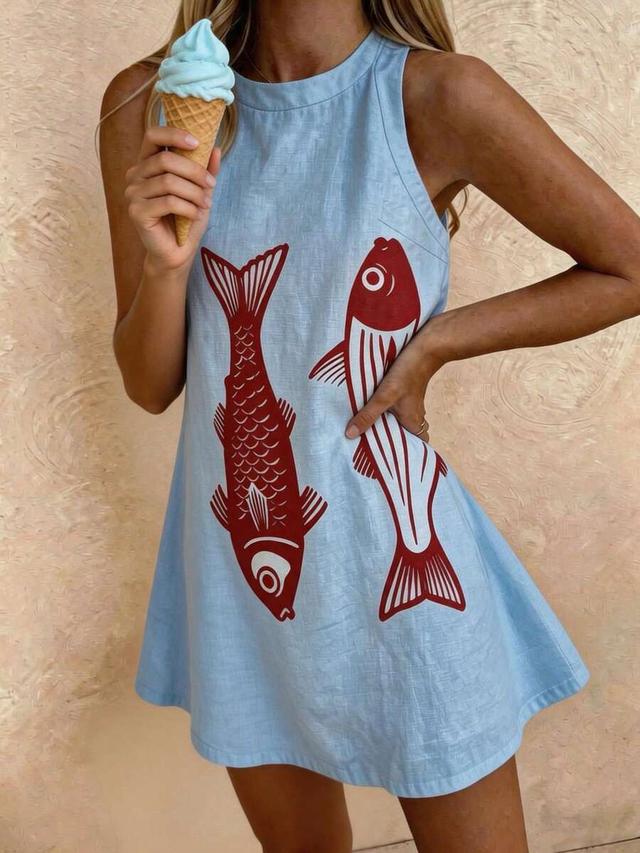 vaclyn light blue linen blend fish print sleeveless dress