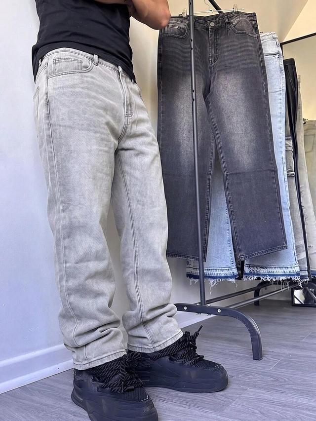 medium blue embroidered straight leg denim jeans