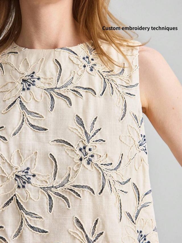 beige cord embroidery sleeveless linen tank top
