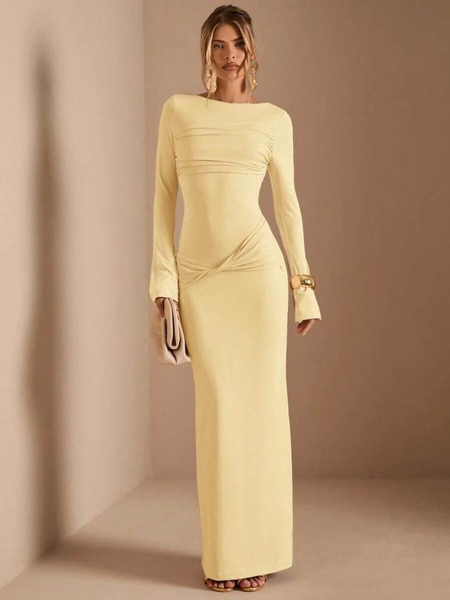 apricot long sleeve ruched waist twist hem straight dress