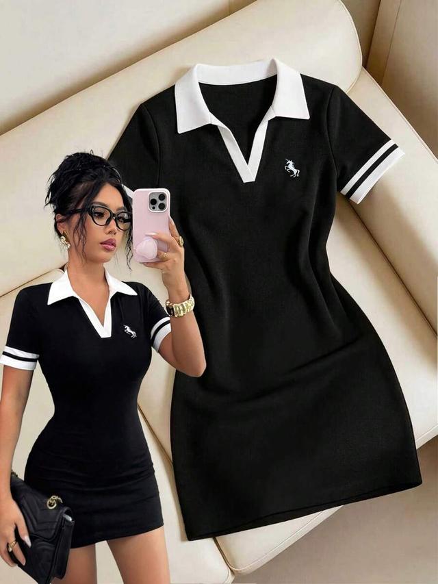 black polo dress with white collar and trim