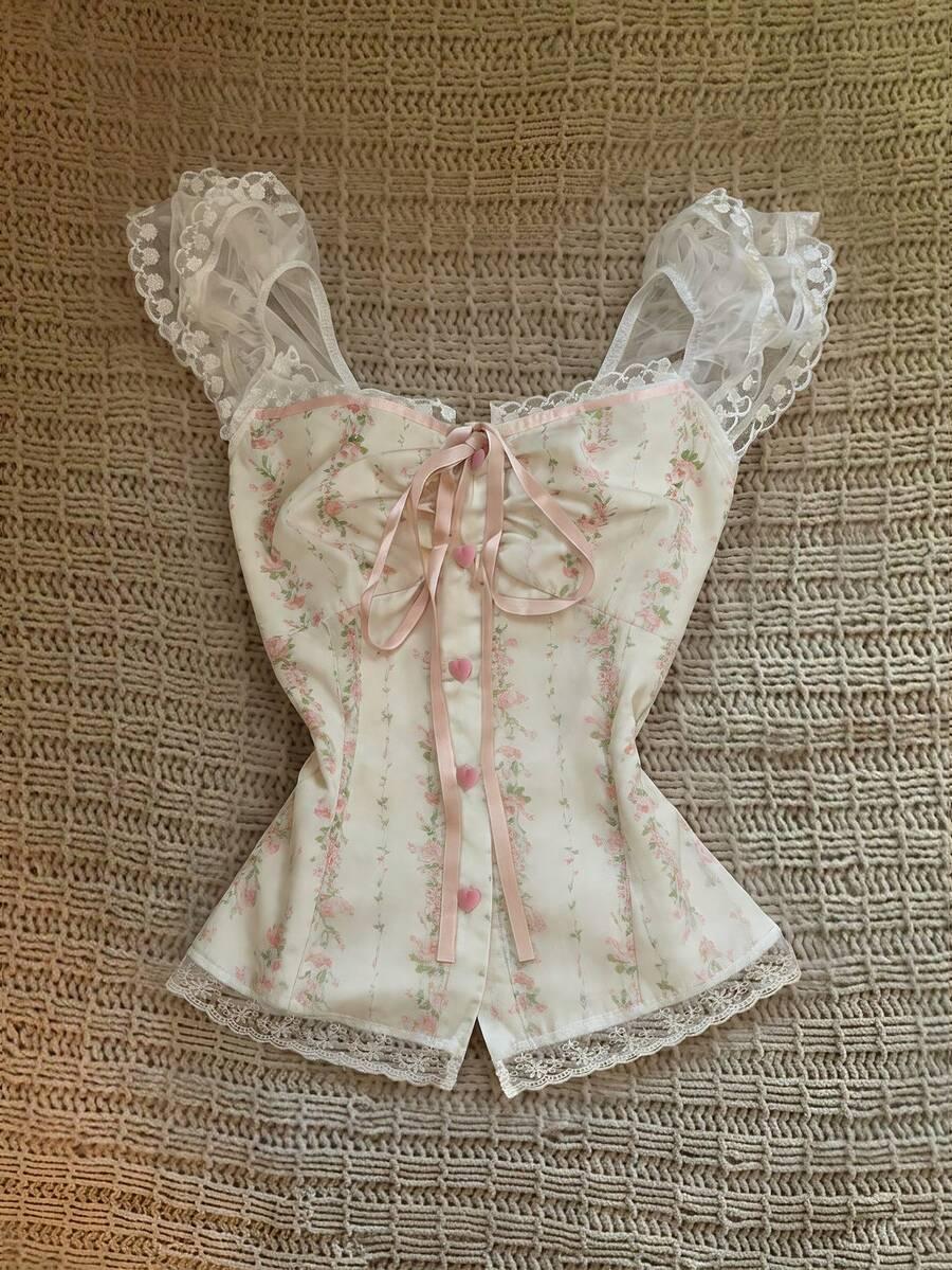 vintage ditsy floral ruffle trim fitted blouse