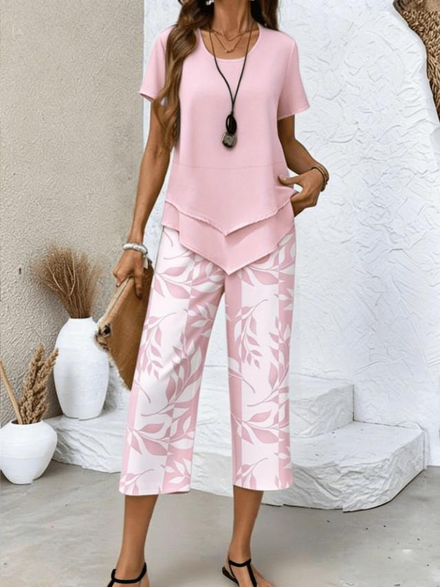 women's pink leaf print asymmetrical hem coord set