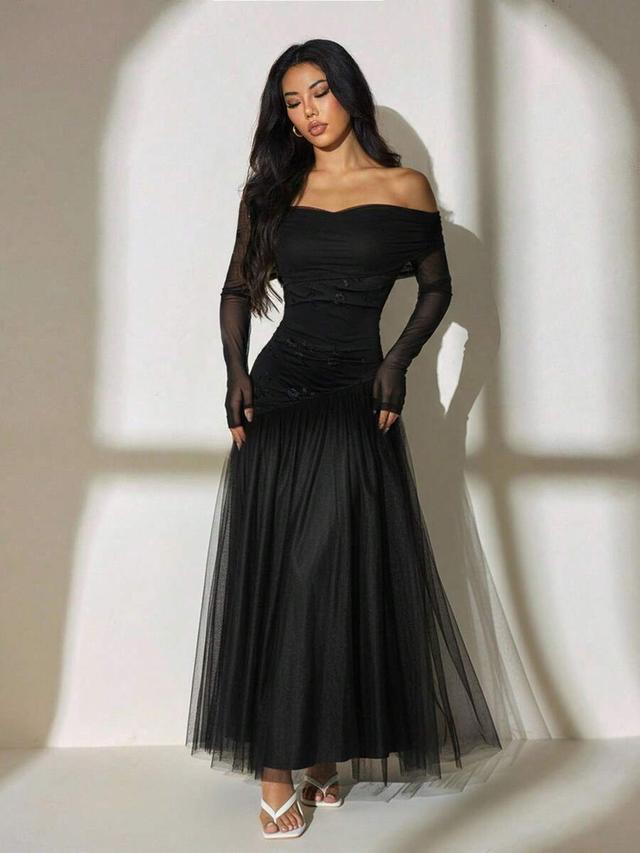 black off-shoulder mesh embroidered asymmetrical hem dress